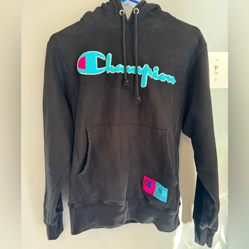 Champion Women's Reverse Weave Hoodie Size Small Black Neon Pink Blue Sweatshirt